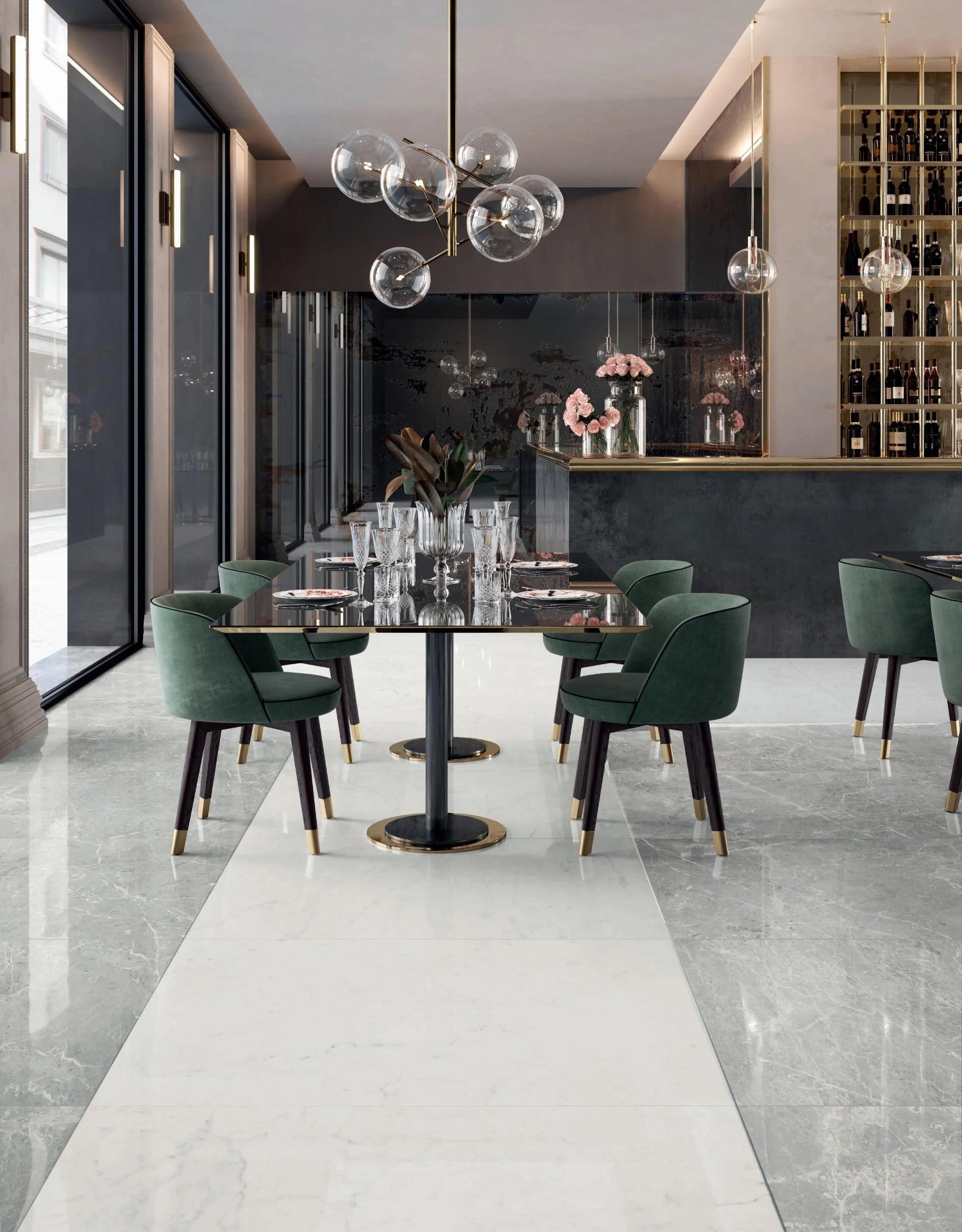 Dining room with marble floor tiles