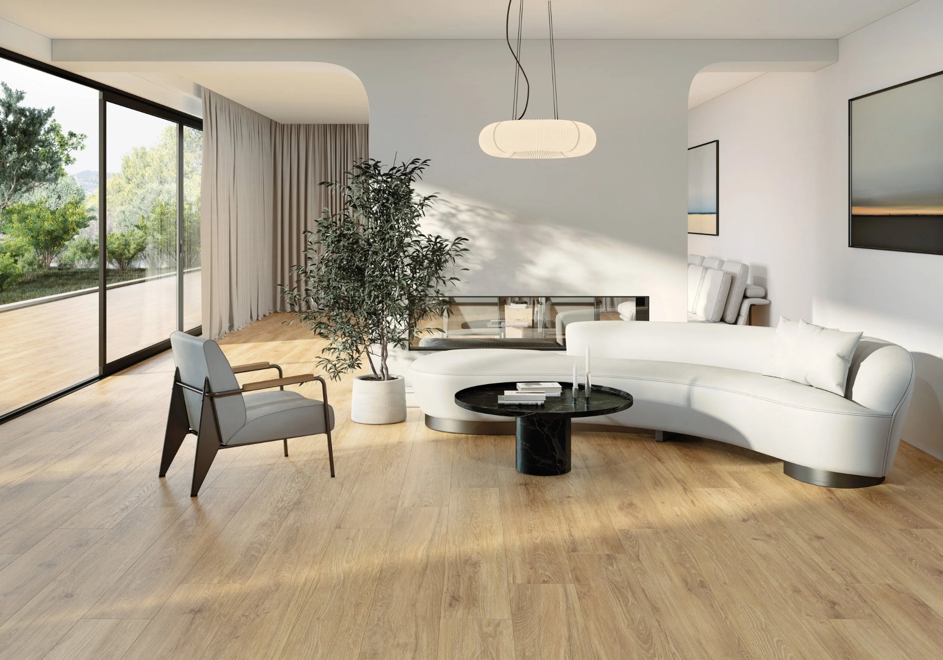 Living room with wood-look tile flooring