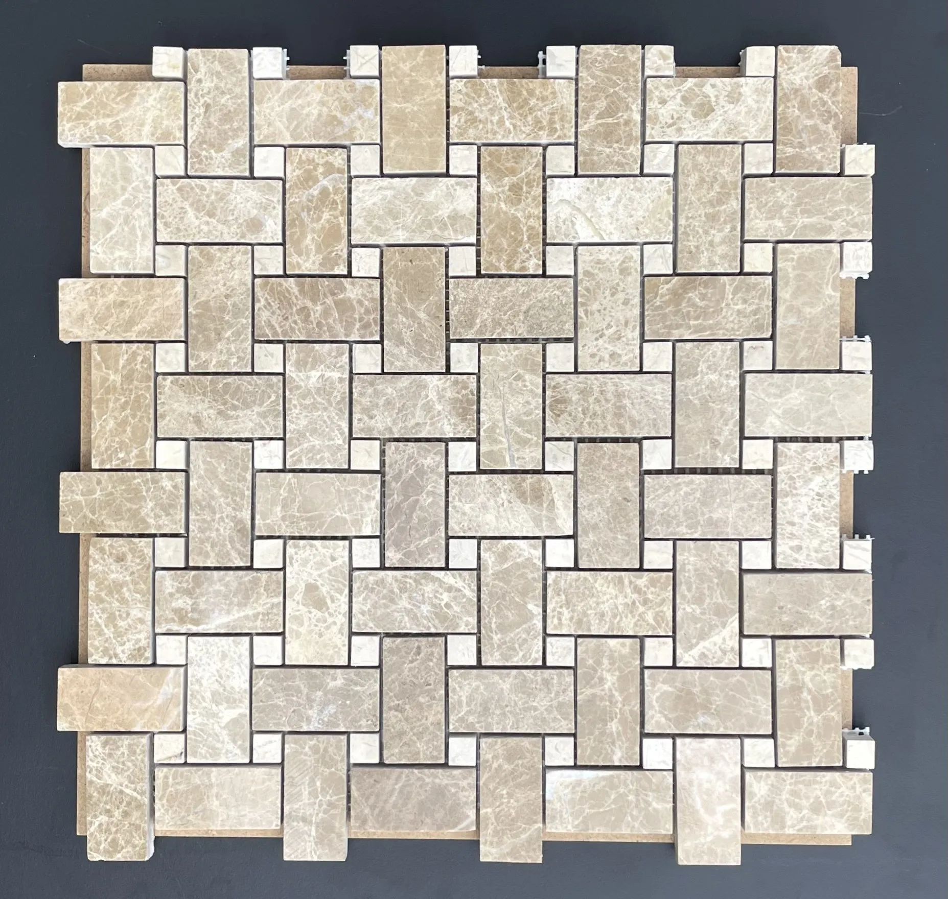 Light Emperador Basketweave with White Dot Mosaic